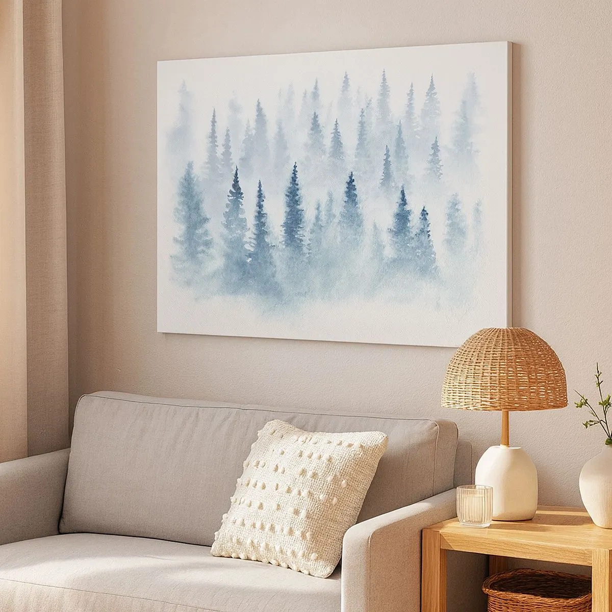 Cuadro sobre lienzo - Impresión de Imagen - Bosques de coníferas bañados por una delicada niebla. - 70x50cm - Envuelto en la niebla - Decoración de pared moderna para salón y dormitorio ARTTOR