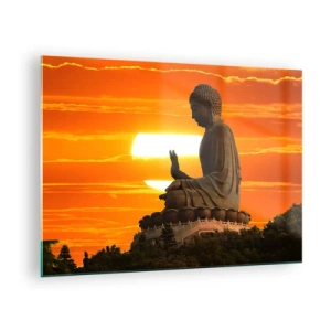 Cuadro sobre vidrio - Impresiones sobre Vidrio - Estatua de Buda con el sol poniente como telón de fondo - 70x50cm - Sin miedo al mundo - Decoración de pared moderna para salón y dormitorio ARTTOR
