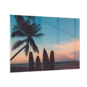 Cuadro sobre vidrio - Impresiones sobre Vidrio - Palmera y tablas de surf en la playa al atardecer - 100x70cm - Mañana también disfrutaremos - Decoración de pared moderna para salón y dormitorio ARTTOR
