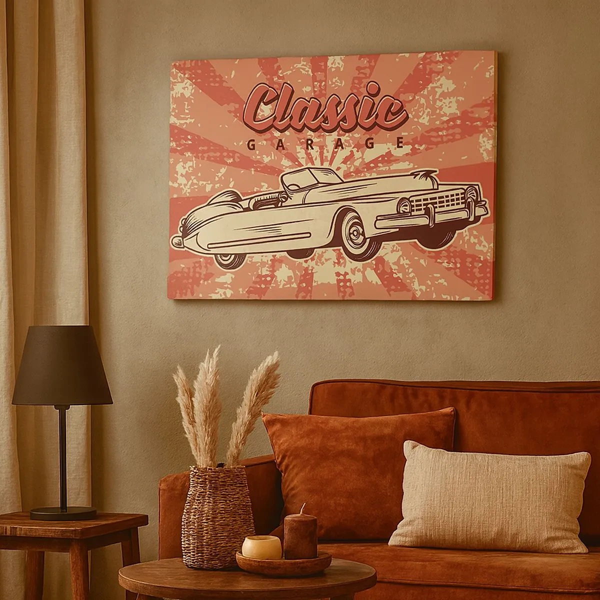 Cuadro sobre lienzo - Impresión de Imagen - Póster retro con un coche clásico y las palabras Classic Garage - 70x50cm - Y Elvis en la radio - Decoración de pared moderna para salón y dormitorio ARTTOR