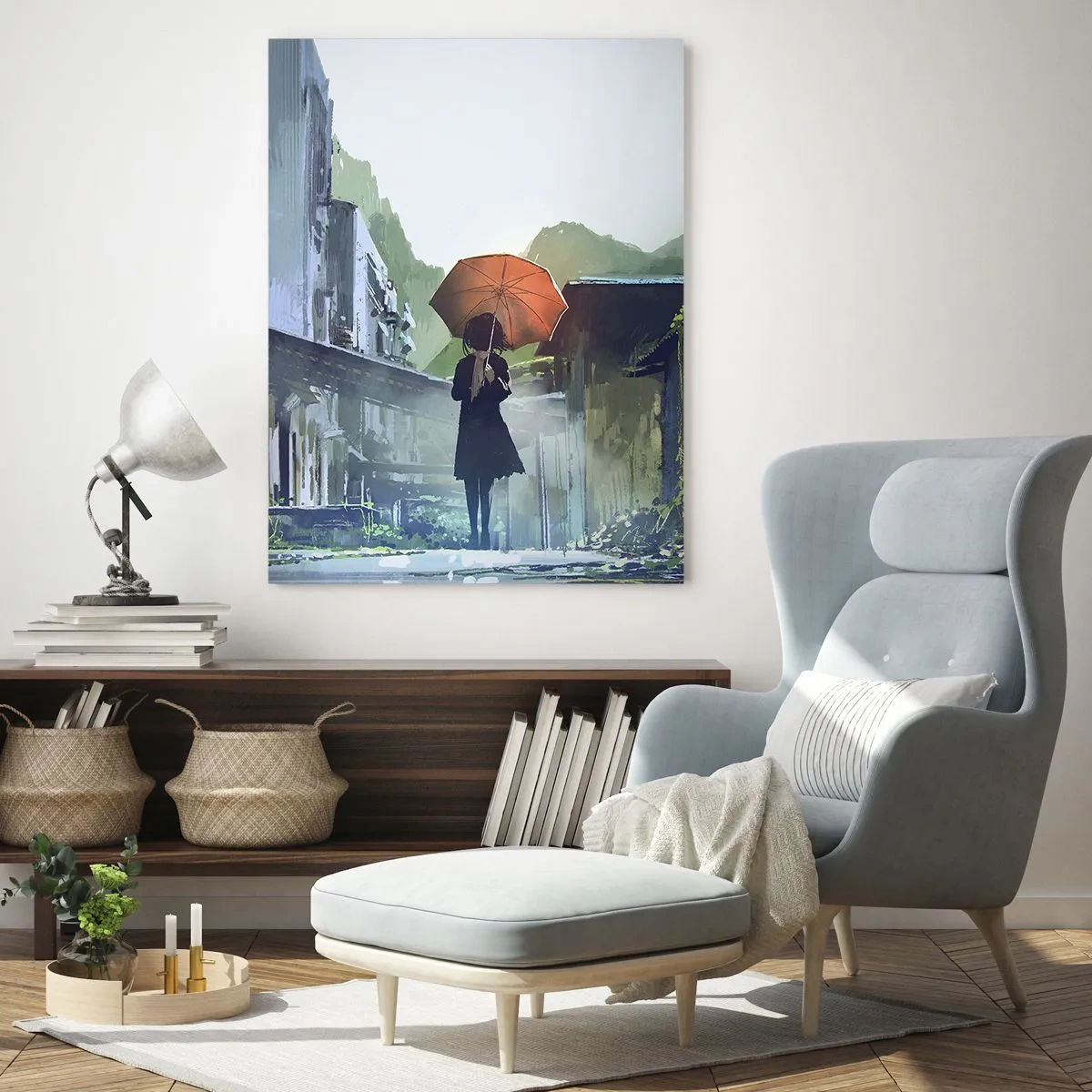 Cuadro sobre vidrio - Impresiones sobre Vidrio - Una figura con un paraguas en una ciudad lluviosa. - 80x120cm - Una lluvia revitalizante - Decoración de pared moderna para salón y dormitorio ARTTOR