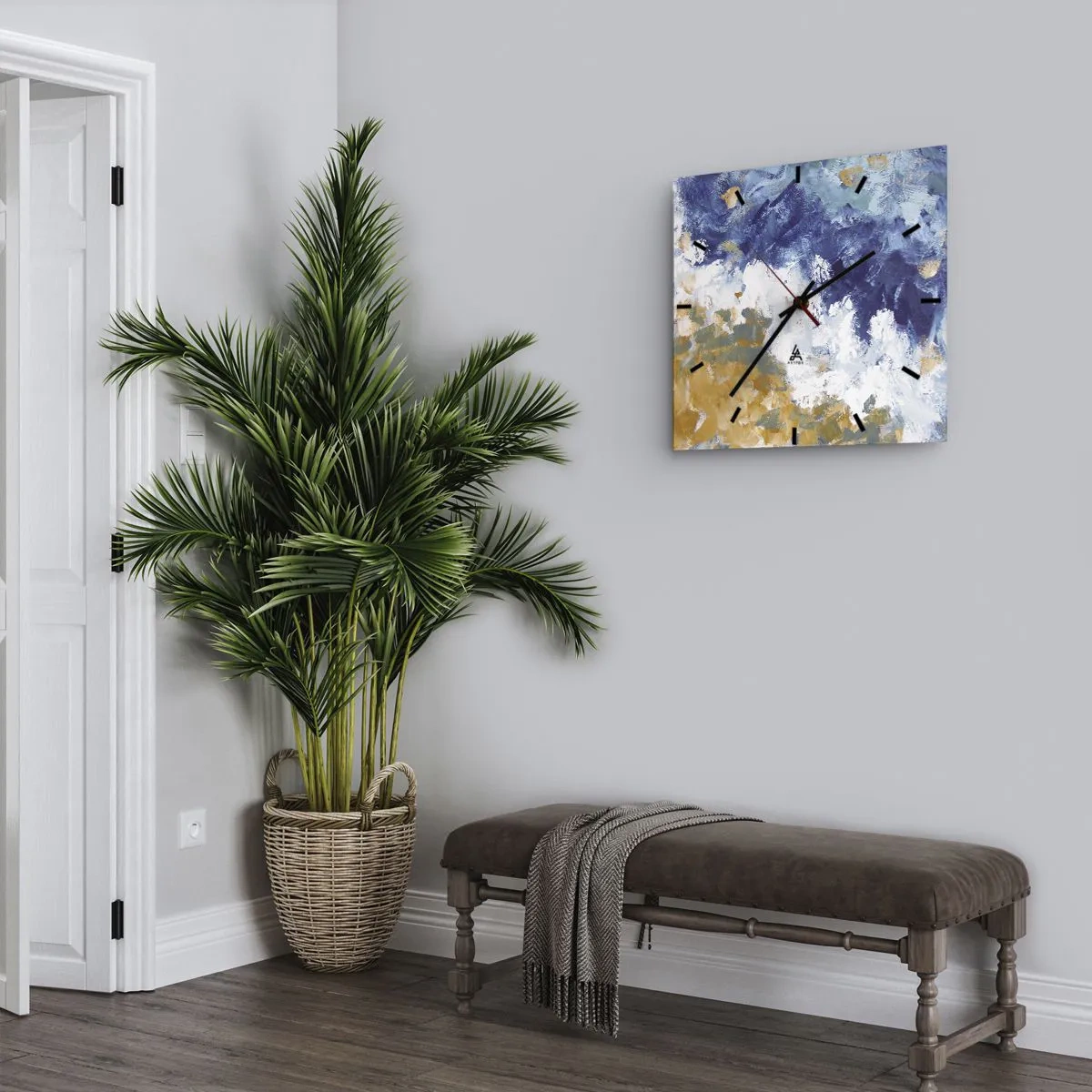 Reloj de pared - Reloj de vidrio - Abstracción en tonos azules, blancos y dorados. - 30x30cm - Danza de los elementos - Decoración de pared moderna para salón y dormitorio ARTTOR