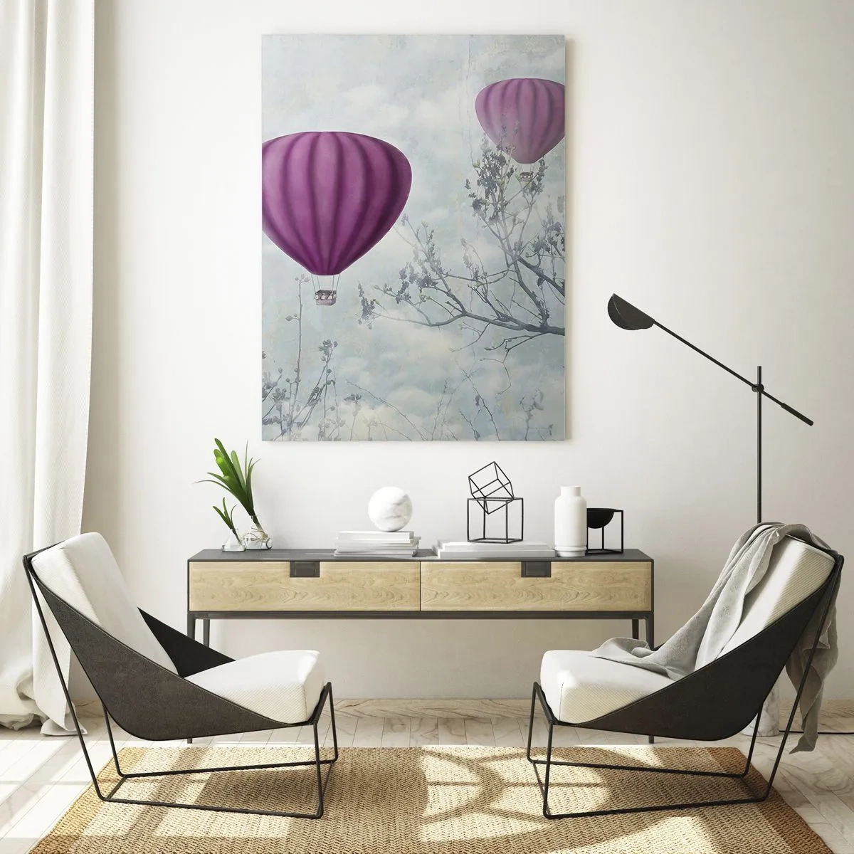 Cuadro sobre vidrio - Impresiones sobre Vidrio - Globos morados flotando sobre los árboles en las nubes. - 80x120cm - Surcando los cielos - Decoración de pared moderna para salón y dormitorio ARTTOR