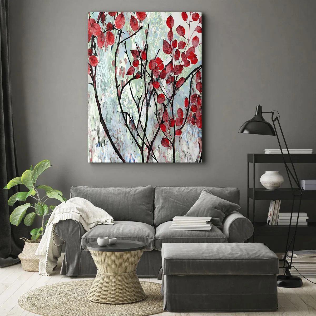 Cuadro sobre lienzo - Impresión de Imagen - Hojas rojas contra un cielo brillante con patrones abstractos. - 50x70cm - Un árbol en escarlata - Decoración de pared moderna para salón y dormitorio ARTTOR
