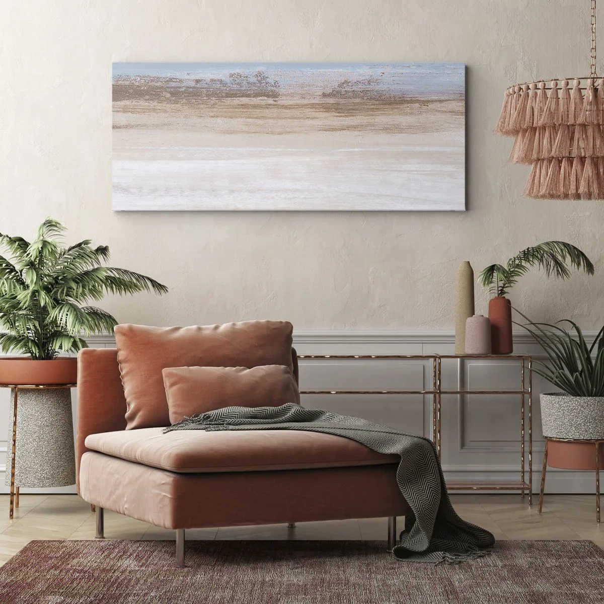 Cuadro sobre lienzo - Impresión de Imagen - Un paisaje sutil en tonos pastel de azul y beige. - 140x50cm - Paisaje ambiguo - Decoración de pared moderna para salón y dormitorio ARTTOR