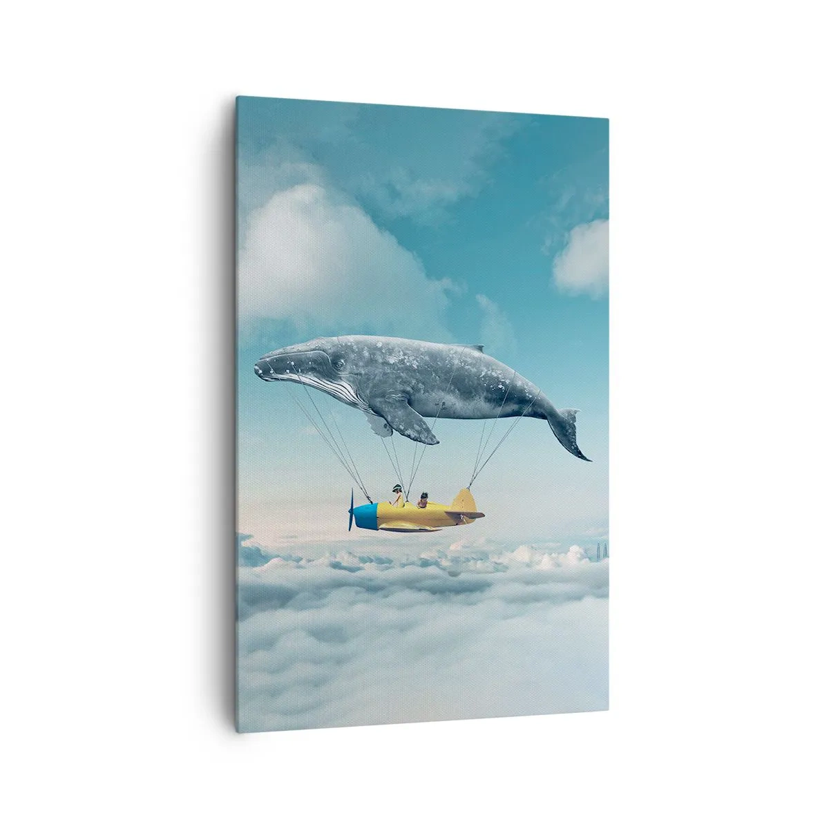 Cuadro sobre lienzo - Impresión de Imagen - Una ballena voladora transporta un avión en un entorno surrealista. - 80x120cm - ¿Por qué no? - Decoración de pared moderna para salón y dormitorio ARTTOR