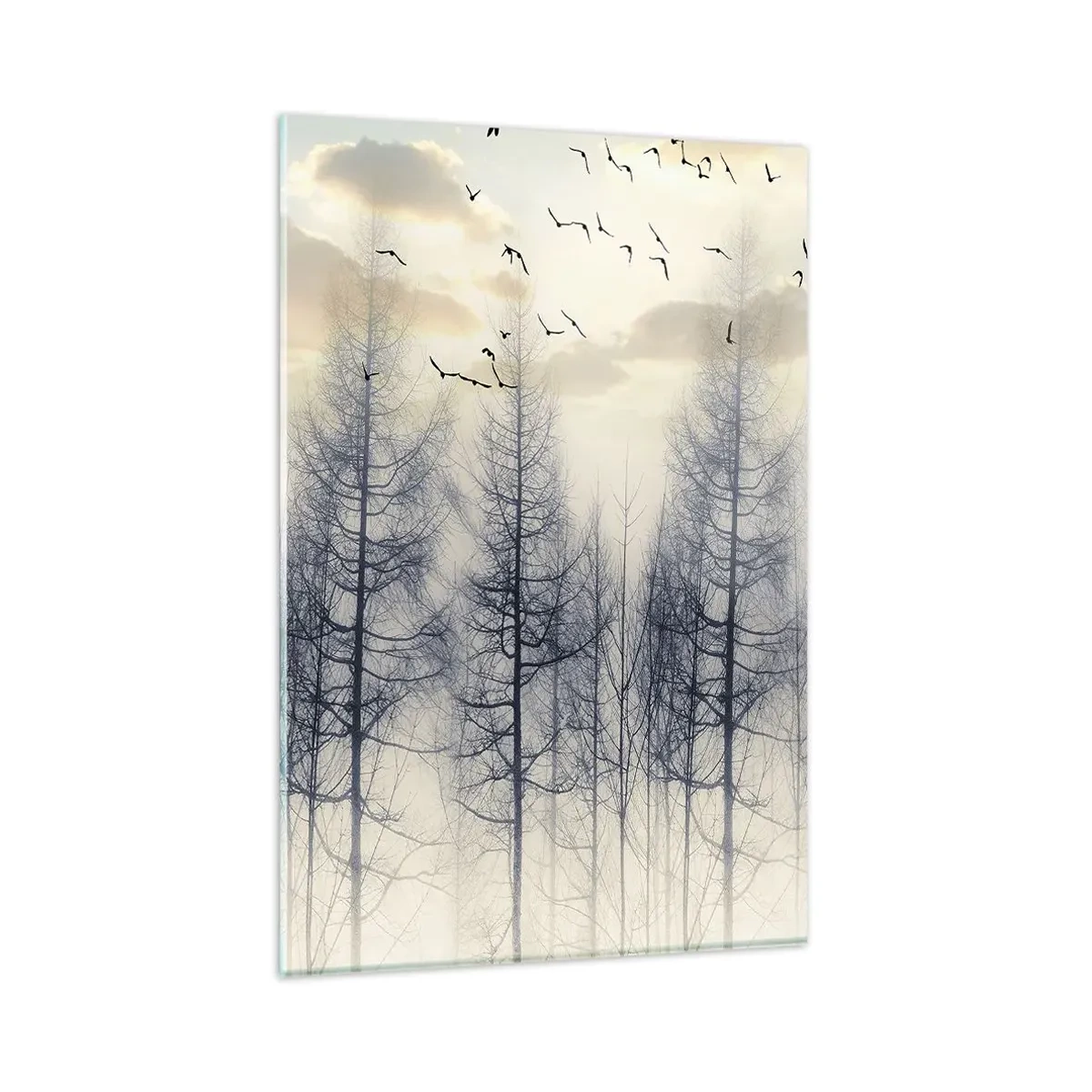Cuadro sobre vidrio - Impresiones sobre Vidrio - Bosque brumoso con pájaros contra el cielo del atardecer - 80x120cm - Espíritus del bosque - Decoración de pared moderna para salón y dormitorio ARTTOR