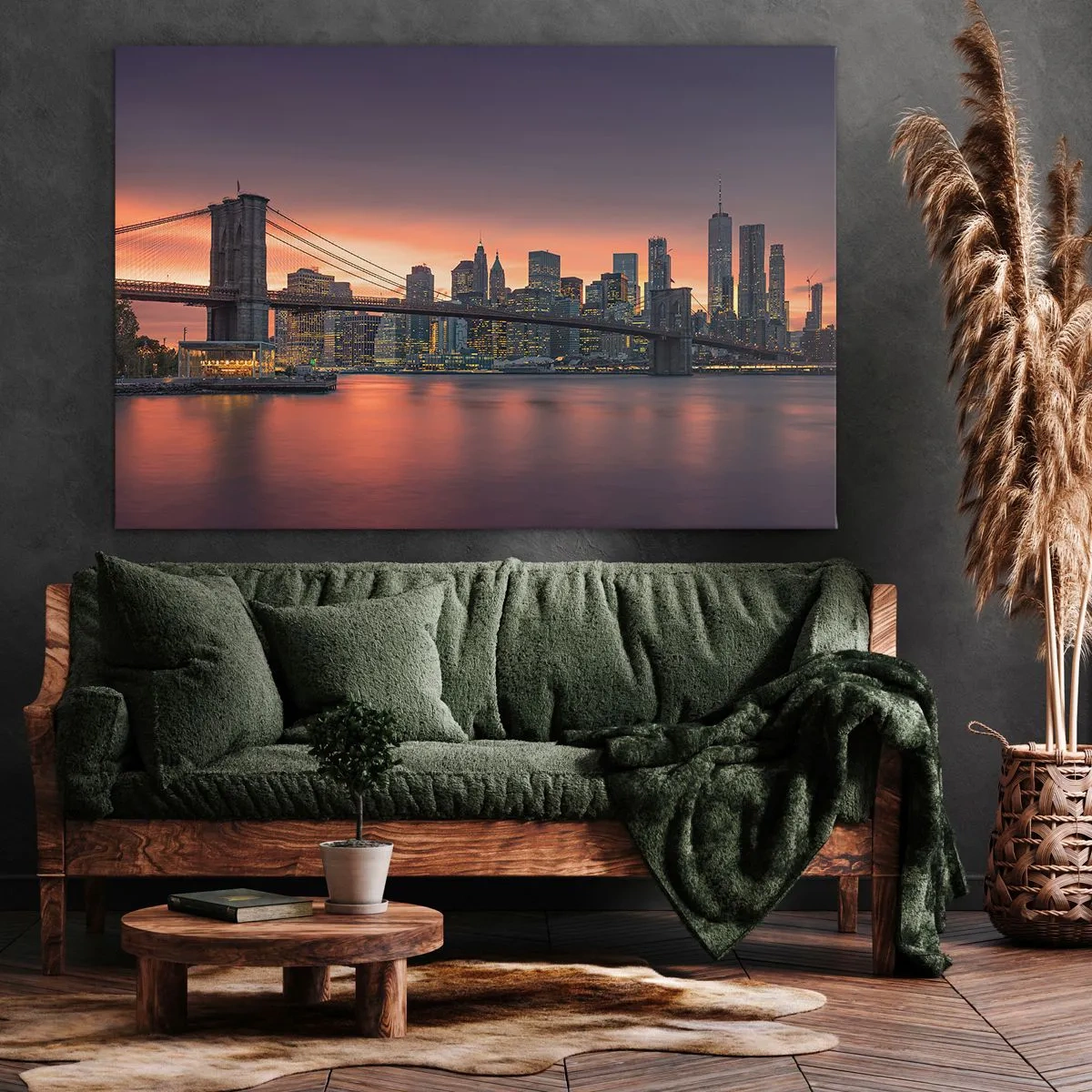 Cuadro sobre lienzo - Impresión de Imagen - Panorama nocturno de la ciudad con un puente y un cielo iluminado. - 120x80cm - Ahogado en el silencio lila - Decoración de pared moderna para salón y dormitorio ARTTOR