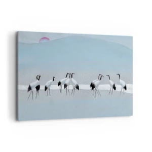 Cuadro sobre lienzo - Impresión de Imagen - Un grupo de grullas contra un cielo azul y el sol naciente. - 120x80cm - Después de un día caluroso - Decoración de pared moderna para salón y dormitorio ARTTOR