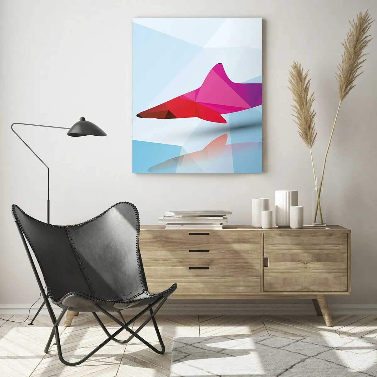 Cuadro sobre vidrio - Impresiones sobre Vidrio - Tiburón geométrico en tonos rojos y azules. - 50x70cm - Tiburón en espacio cristalino - Decoración de pared moderna para salón y dormitorio ARTTOR
