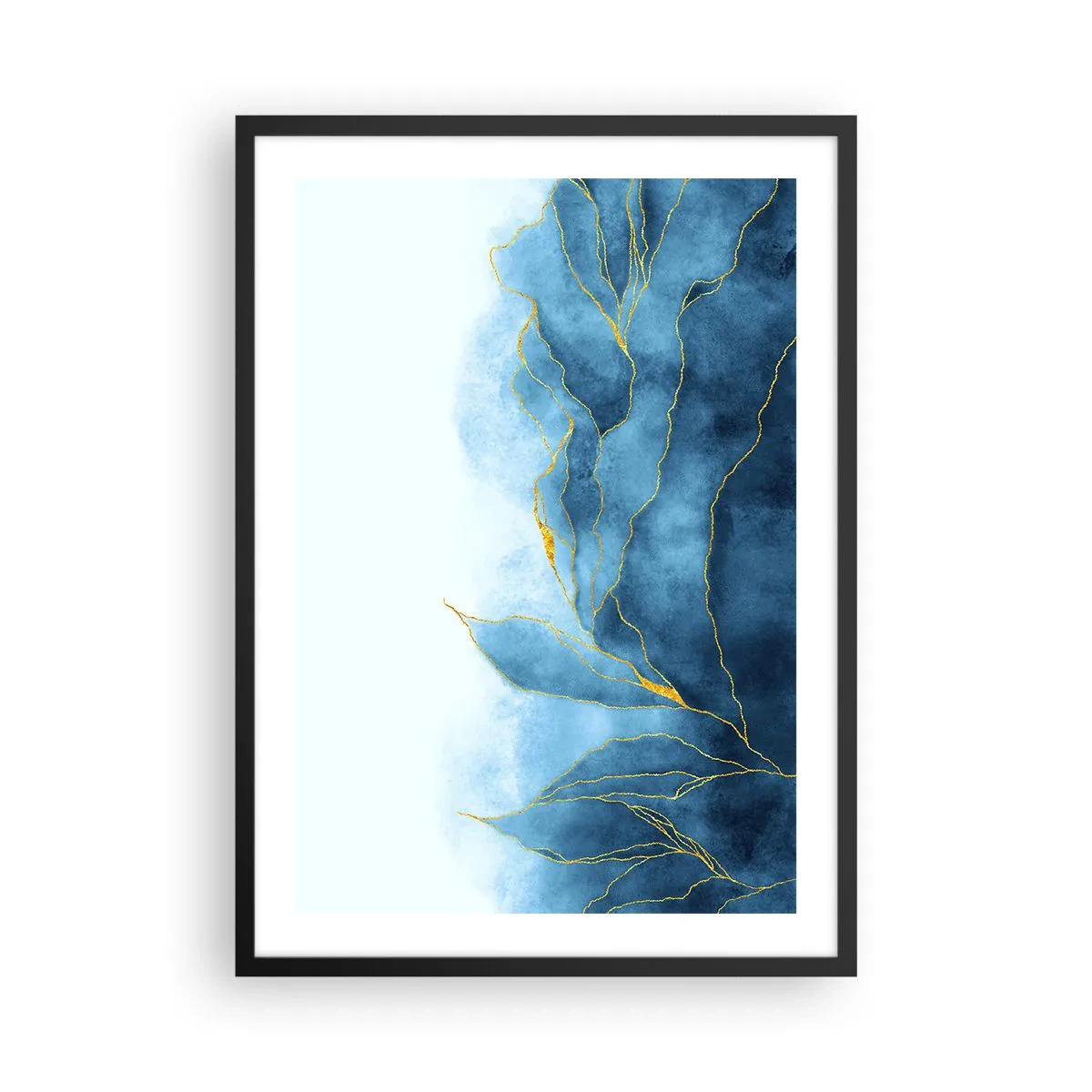 Póster en marco negro - Una composición abstracta en tonos azules con líneas doradas. - 50x70cm - Oro y azul - Decoración de pared moderna para salón y dormitorio ARTTOR