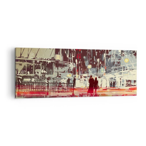 Cuadro sobre lienzo - Impresión de Imagen - Ciudad de noche con luces de neón y siluetas de personas en la calle. - 140x50cm - Una travesía metropolitana - Decoración de pared moderna para salón y dormitorio ARTTOR