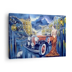 Cuadro sobre lienzo - Impresión de Imagen - Una mujer con un vestido elegante junto a un coche retro por la noche. - 70x50cm - Noche de romanticismo - Decoración de pared moderna para salón y dormitorio ARTTOR