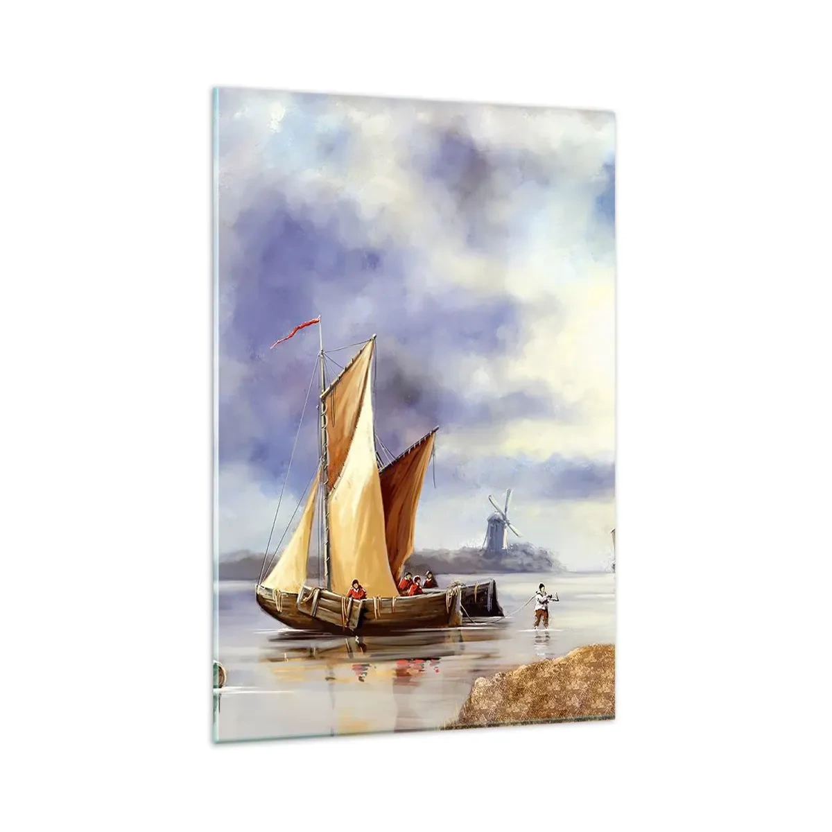 Cuadro sobre vidrio - Impresiones sobre Vidrio - Veleros en aguas tranquilas con molinos de viento al fondo - 80x120cm - El regreso de los marineros - Decoración de pared moderna para salón y dormitorio ARTTOR