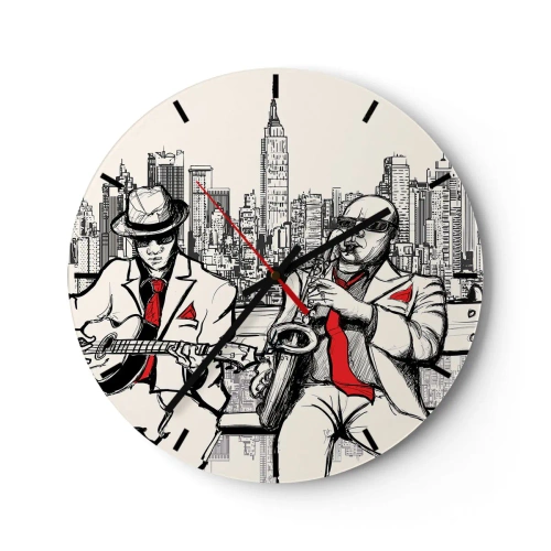 Reloj de pared - Reloj de vidrio - Una esfera de reloj con un motivo de músicos de jazz con la ciudad de Nueva York como telón de fondo. - 30x30cm - Improvisación en Nueva York - Decoración de pared moderna para salón, cocina y dormitorio ARTTOR