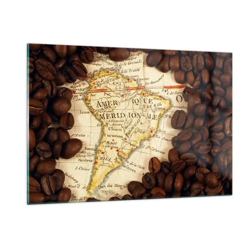 Cuadro sobre vidrio - Impresiones sobre Vidrio - Un mapa de Sudamérica rodeado de granos de café. - 120x80cm - ¿De dónde viene el mejor café? - Decoración de pared moderna para salón y dormitorio ARTTOR
