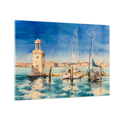 Cuadro sobre vidrio - Impresiones sobre Vidrio - Marina de acuarela con faro y yates amarrados - 70x50cm - Laguna soleada - Decoración de pared moderna para salón y dormitorio ARTTOR