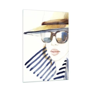 Cuadro sobre vidrio - Impresiones sobre Vidrio - Mujer elegante con sombrero y gafas en estilo acuarela. - 50x70cm - ¡Florida le da la bienvenida! - Decoración de pared moderna para salón y dormitorio ARTTOR