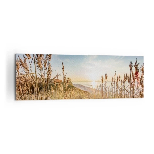 Cuadro sobre lienzo - Impresión de Imagen - Una playa pintoresca con césped y la puesta de sol. - 160x50cm - Playa del norte - Decoración de pared moderna para salón y dormitorio ARTTOR
