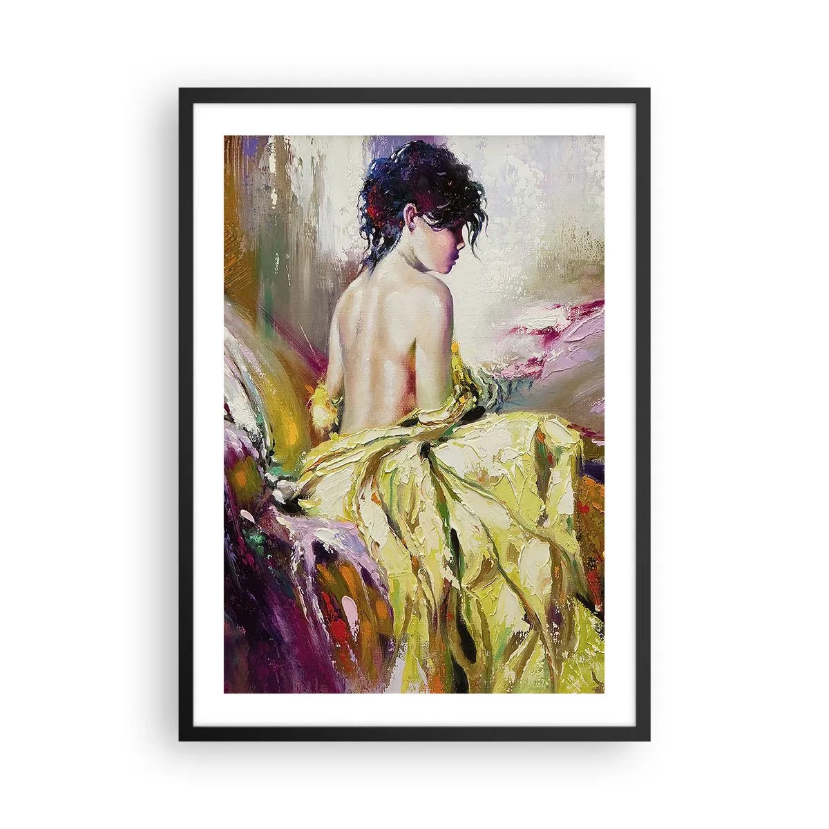 Póster en marco negro - La figura de una mujer con un vestido amarillo sobre un fondo pintado. - 50x70cm - La hermosura y frescura de la flor - Decoración de pared moderna para salón y dormitorio ARTTOR