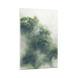 Cuadro sobre vidrio - Impresiones sobre Vidrio - Árboles verdes en una espesa niebla contra un fondo natural - 80x120cm - Envuelto en niebla - Decoración de pared moderna para salón y dormitorio ARTTOR