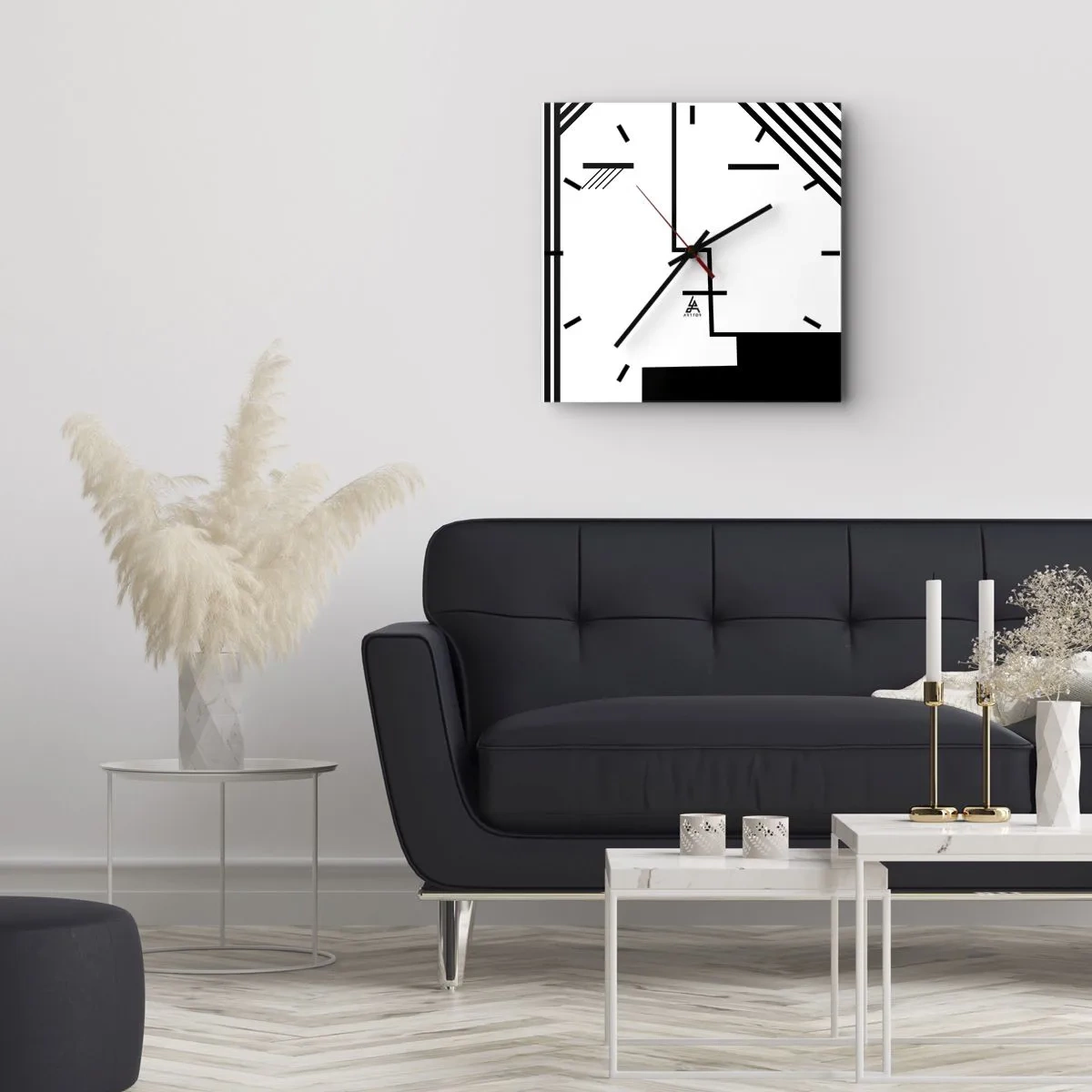 Reloj de pared - Reloj de vidrio - Abstracción geométrica de un beso en blanco y negro. - 30x30cm - Solo un beso - Decoración de pared moderna para salón y dormitorio ARTTOR