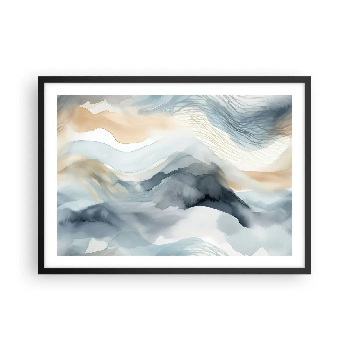 Póster en marco negro - Una delicada abstracción con motivo de montaña en tonos pastel. - 70x50cm - Abstracción de nieve y niebla - Decoración de pared moderna para salón y dormitorio ARTTOR