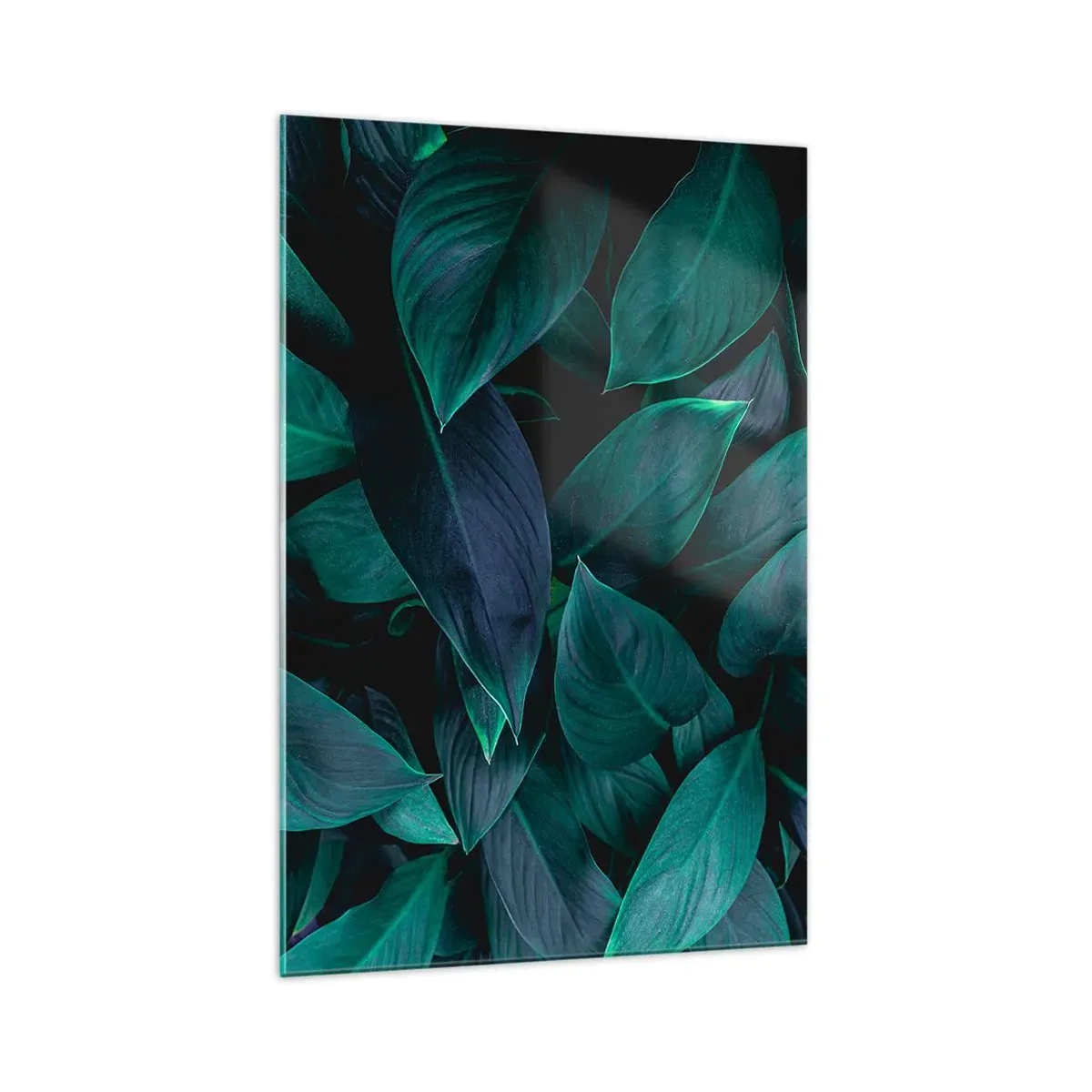 Cuadro sobre vidrio - Impresiones sobre Vidrio - Primer plano de hojas verdes con un fondo oscuro - 70x100cm - El propio verde - Decoración de pared moderna para salón y dormitorio ARTTOR