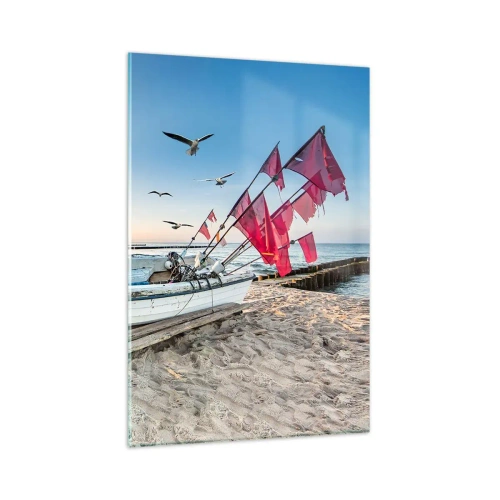 Cuadro sobre vidrio - Impresiones sobre Vidrio - Un barco en la playa al amanecer con gaviotas y banderas rojas. - 80x120cm - Un merecido descanso - Decoración de pared moderna para salón y dormitorio ARTTOR