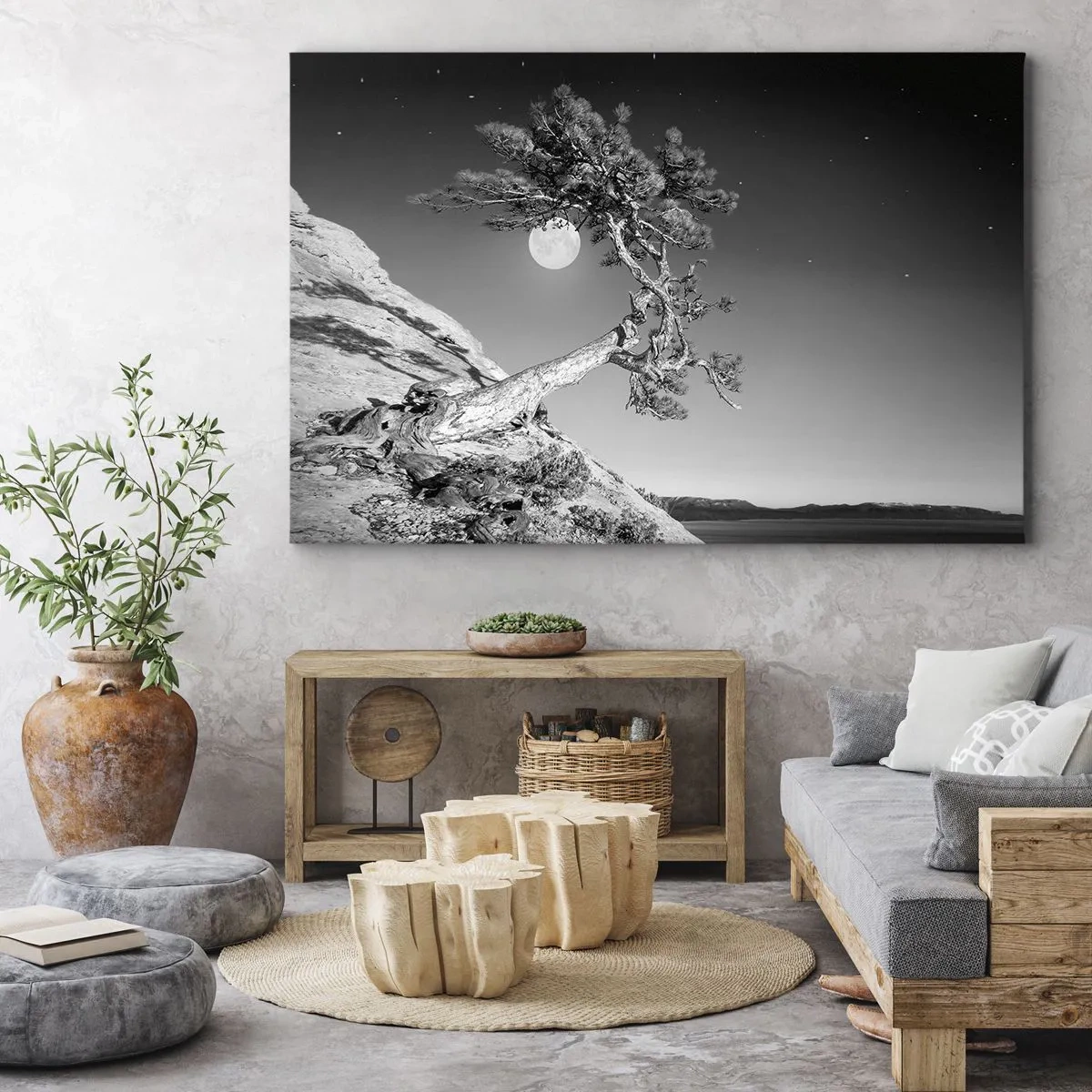 Cuadro sobre lienzo - Impresión de Imagen - Árbol en blanco y negro en un acantilado con la luna al fondo - 120x80cm - Un guerrero victorioso - Decoración de pared moderna para salón y dormitorio ARTTOR