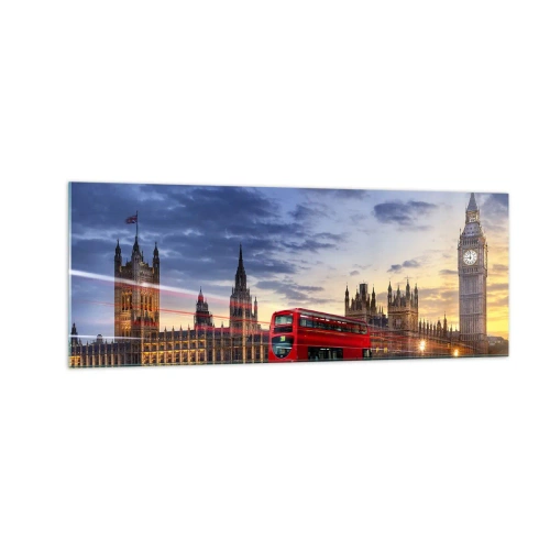 Cuadro sobre vidrio - Impresiones sobre Vidrio - Un autobús rojo con el Big Ben y las Casas del Parlamento al fondo al anochecer. - 140x50cm - Lo más característico - Decoración de pared moderna para salón y dormitorio ARTTOR