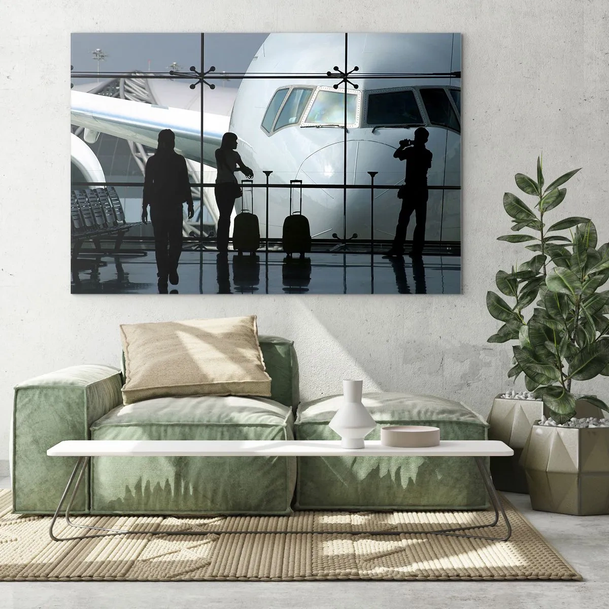 Cuadro sobre vidrio - Impresiones sobre Vidrio - Aeropuerto con vista del avión y siluetas de viajeros - 70x50cm - Vis a vis en el aeropuerto - Decoración de pared moderna para salón y dormitorio ARTTOR