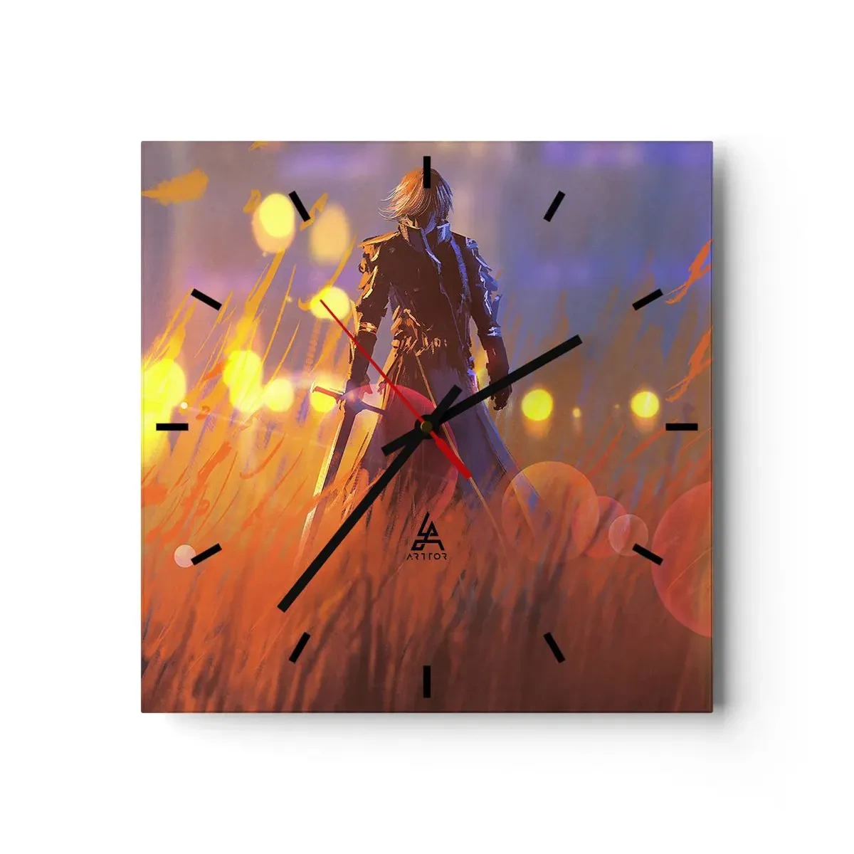 Reloj de pared - Reloj de vidrio - La figura de un caballero a la luz del sol poniente en un campo. - 30x30cm - El caballero equivocado - Decoración de pared moderna para salón y dormitorio ARTTOR