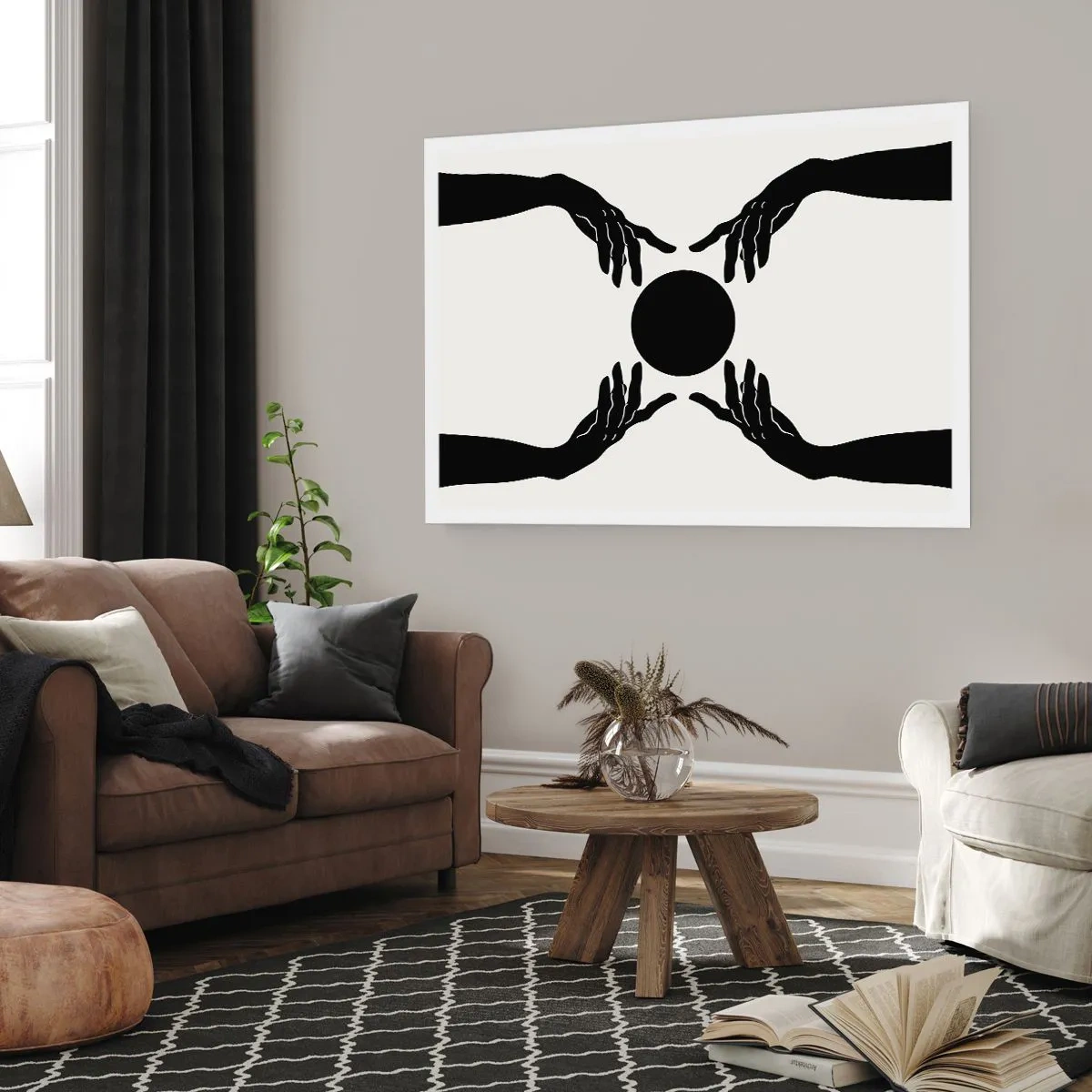 Póster - Manos negras en una composición simétrica con una pelota. - 100x70cm - Una señal secreta - Decoración de pared moderna para salón y dormitorio ARTTOR