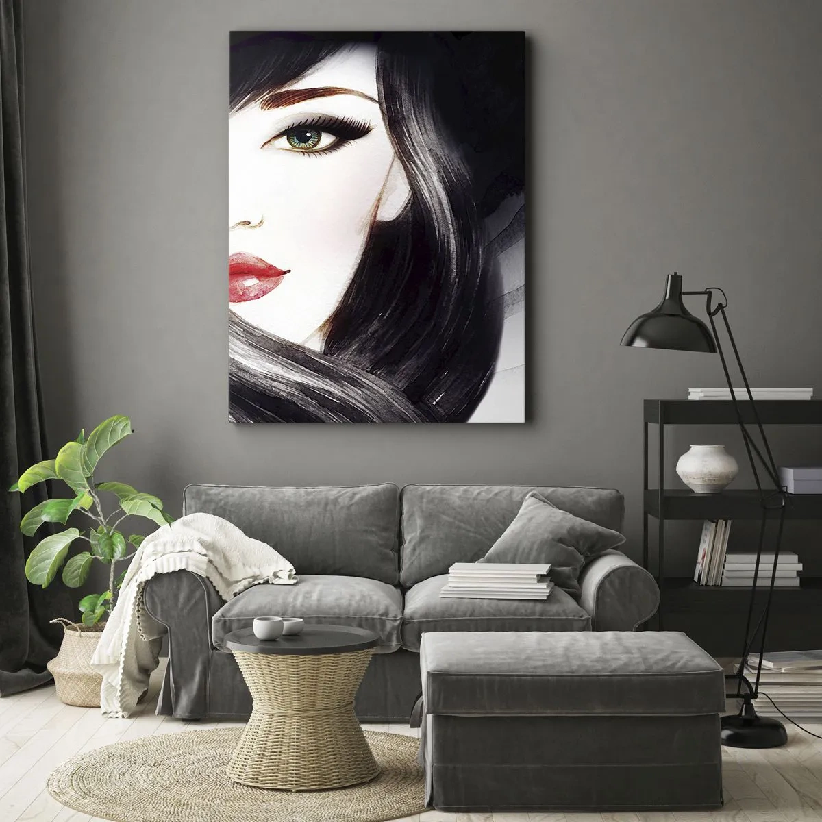 Cuadro sobre lienzo - Impresión de Imagen - Retrato de una mujer con mirada expresiva y labios rojos. - 50x70cm - Mirada de zafiro - Decoración de pared moderna para salón y dormitorio ARTTOR