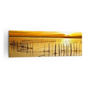 Cuadro sobre lienzo - Impresión de Imagen - Puesta de sol sobre el agua con pájaros en vuelo - 160x50cm - Horizonte naranja - Decoración de pared moderna para salón y dormitorio ARTTOR