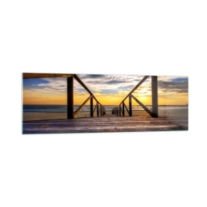 Cuadro sobre vidrio - Impresiones sobre Vidrio - Muelle de madera que conduce a la playa al atardecer - 160x50cm - Directamente hacia una playa tranquila al atardecer - Decoración de pared moderna para salón y dormitorio ARTTOR