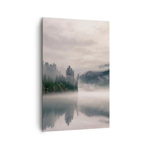 Cuadro sobre lienzo - Impresión de Imagen - Un bosque brumoso reflejado en un lago tranquilo. - 80x120cm - En el ensueño, en la niebla - Decoración de pared moderna para salón y dormitorio ARTTOR
