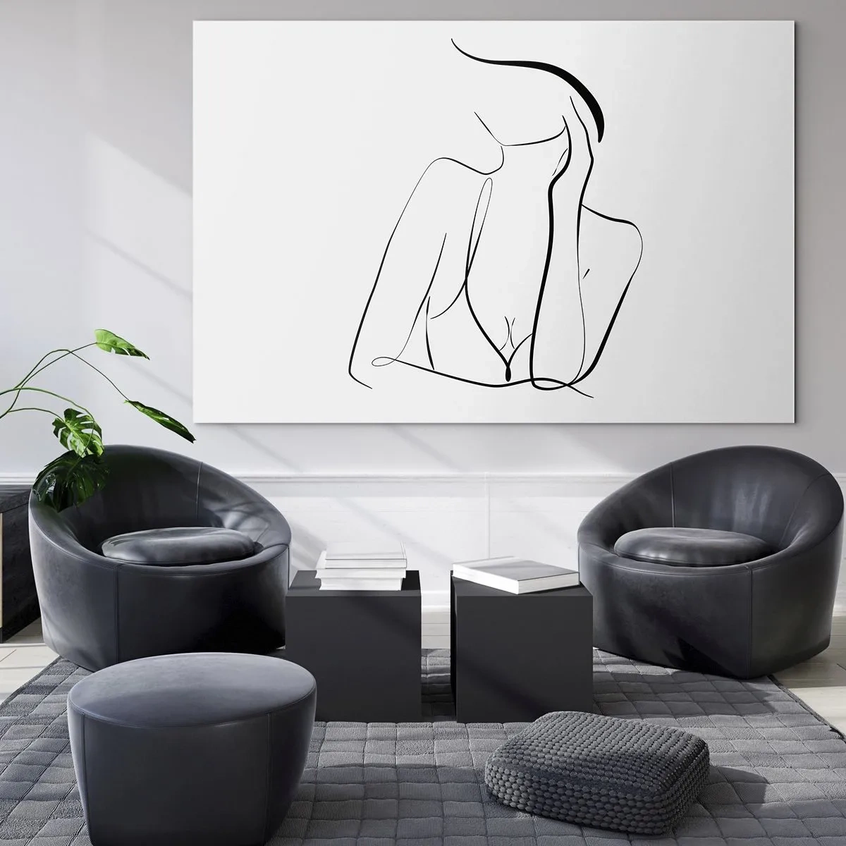 Cuadro sobre vidrio - Impresiones sobre Vidrio - Una línea simple que muestra el contorno del cuerpo en tonos de blanco y negro. - 120x80cm - En la ola de sueños - Decoración de pared moderna para salón y dormitorio ARTTOR