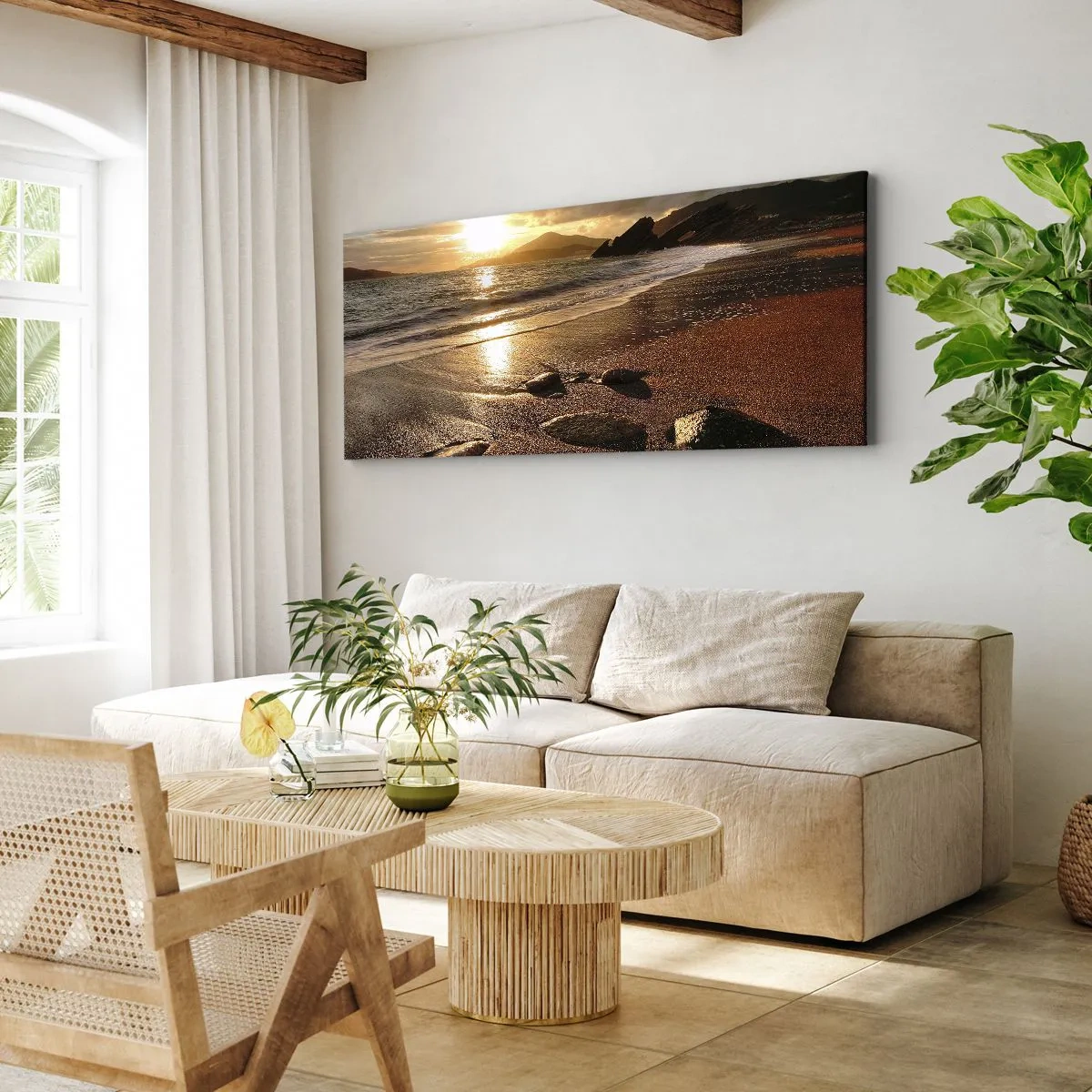 Cuadro sobre lienzo - Impresión de Imagen - Playa al atardecer con piedras en la orilla - 120x50cm - Sigue el sol hacia las colinas - Decoración de pared moderna para salón y dormitorio ARTTOR