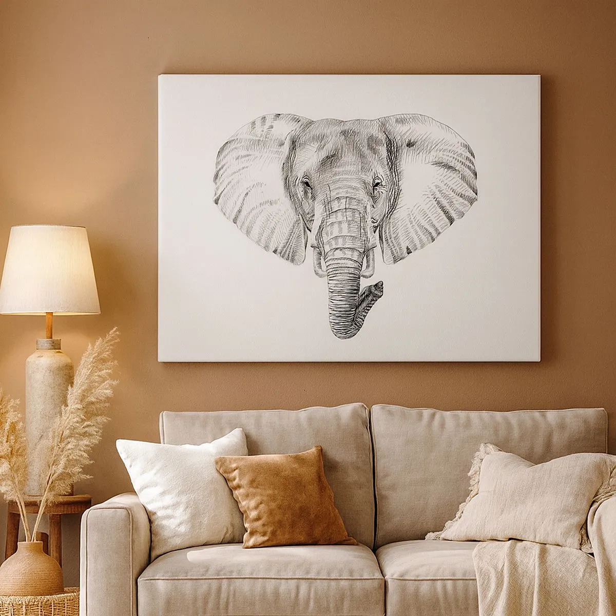 Cuadro sobre lienzo - Impresión de Imagen - Dibujo en blanco y negro de la cabeza de un elefante sobre un fondo blanco. - 70x50cm - Érase una vez un elefante... - Decoración de pared moderna para salón y dormitorio ARTTOR