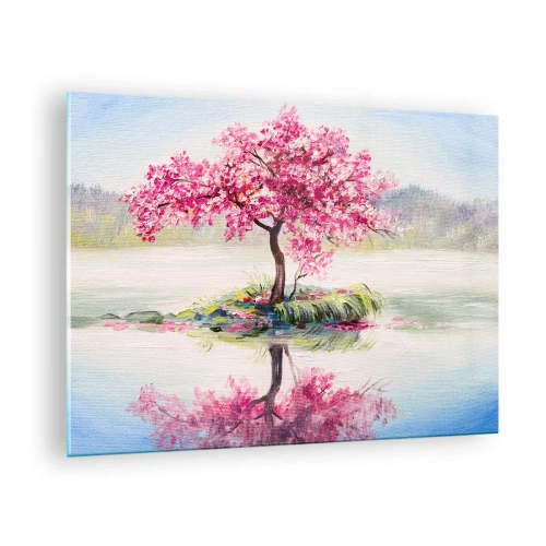 Cuadro sobre vidrio - Impresiones sobre Vidrio - Un árbol rosa en una isla reflejado en el agua tranquila. - 70x50cm - Una celebración de la primavera - Decoración de pared moderna para salón y dormitorio ARTTOR