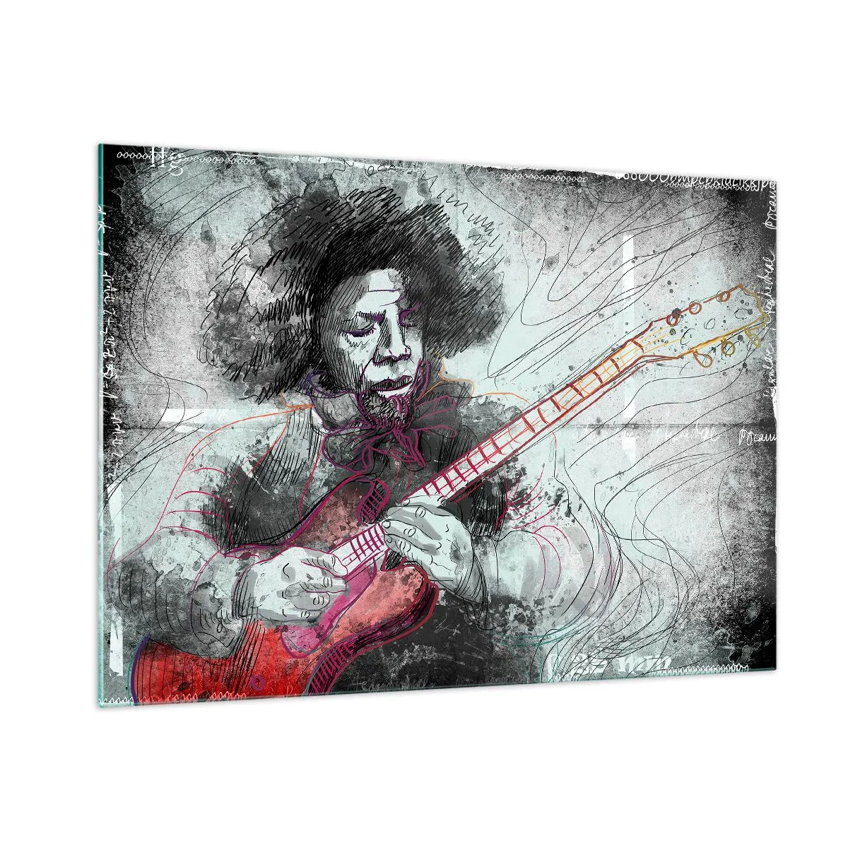 Cuadro sobre vidrio - Impresiones sobre Vidrio - Retrato artístico de un músico con una guitarra eléctrica. - 100x70cm - Volando con la música - Decoración de pared moderna para salón y dormitorio ARTTOR