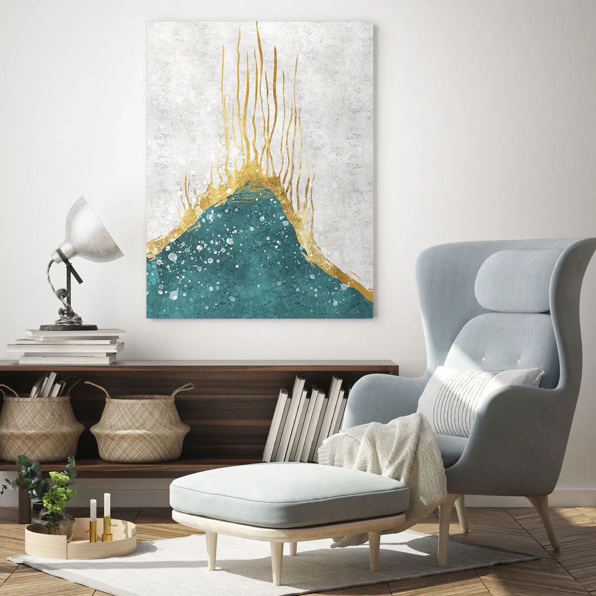 Cuadro sobre vidrio - Impresiones sobre Vidrio - Patrón abstracto dorado sobre un fondo turquesa y blanco - 50x70cm - Marea dorada - Decoración de pared moderna para salón y dormitorio ARTTOR