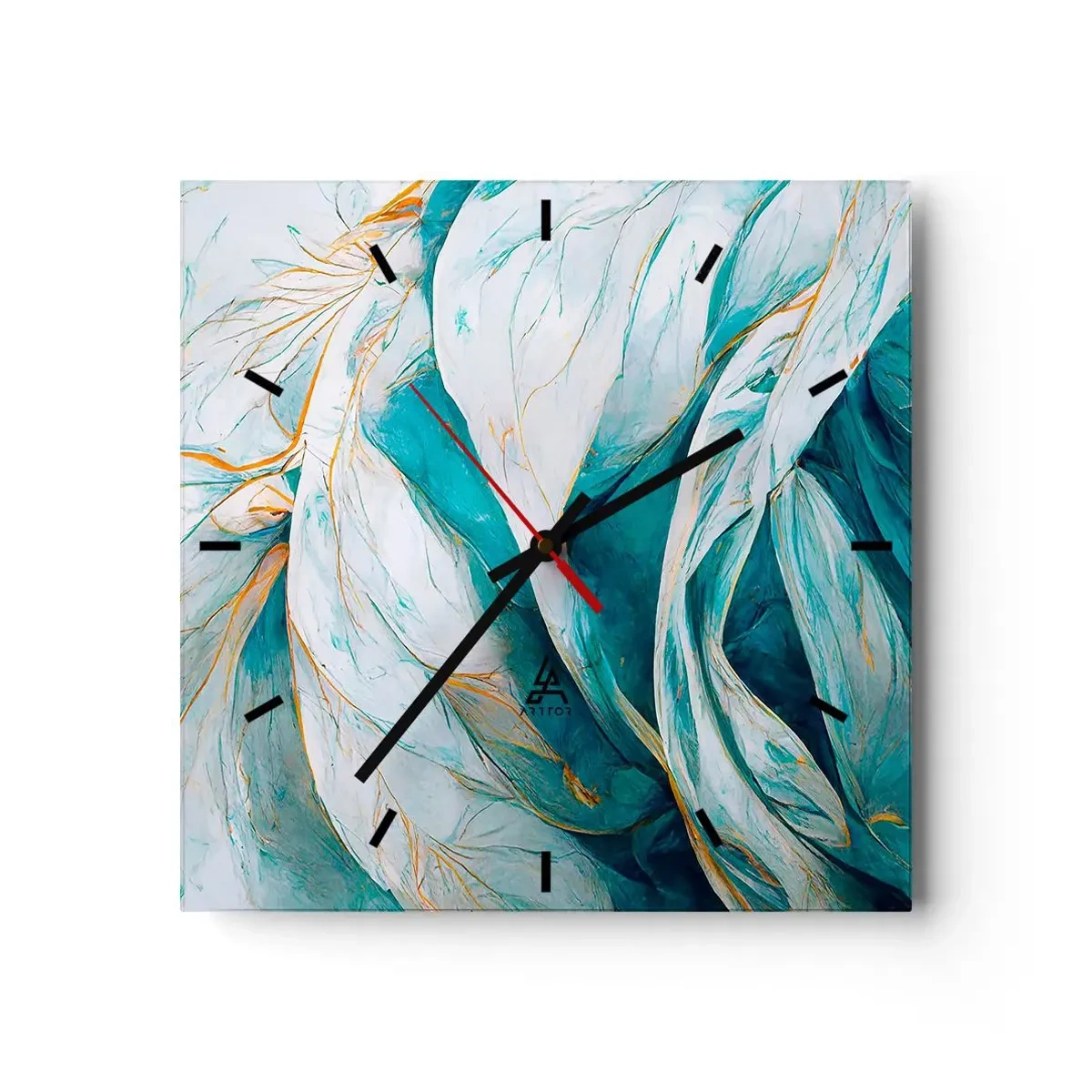Reloj de pared - Reloj de vidrio - Hojas azules abstractas con detalles dorados - 30x30cm - Abstracción azul con motivos dorados - Decoración de pared moderna para salón y dormitorio ARTTOR