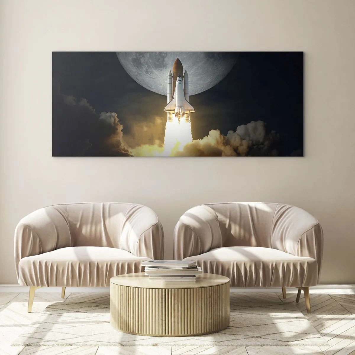 Cuadro sobre vidrio - Impresiones sobre Vidrio - Un cohete despegando con el telón de fondo de una luna llena rodeada de nubes dinámicas. - 120x50cm - El comienzo de una aventura sobrenatural - Decoración de pared moderna para salón y dormitorio ARTTOR