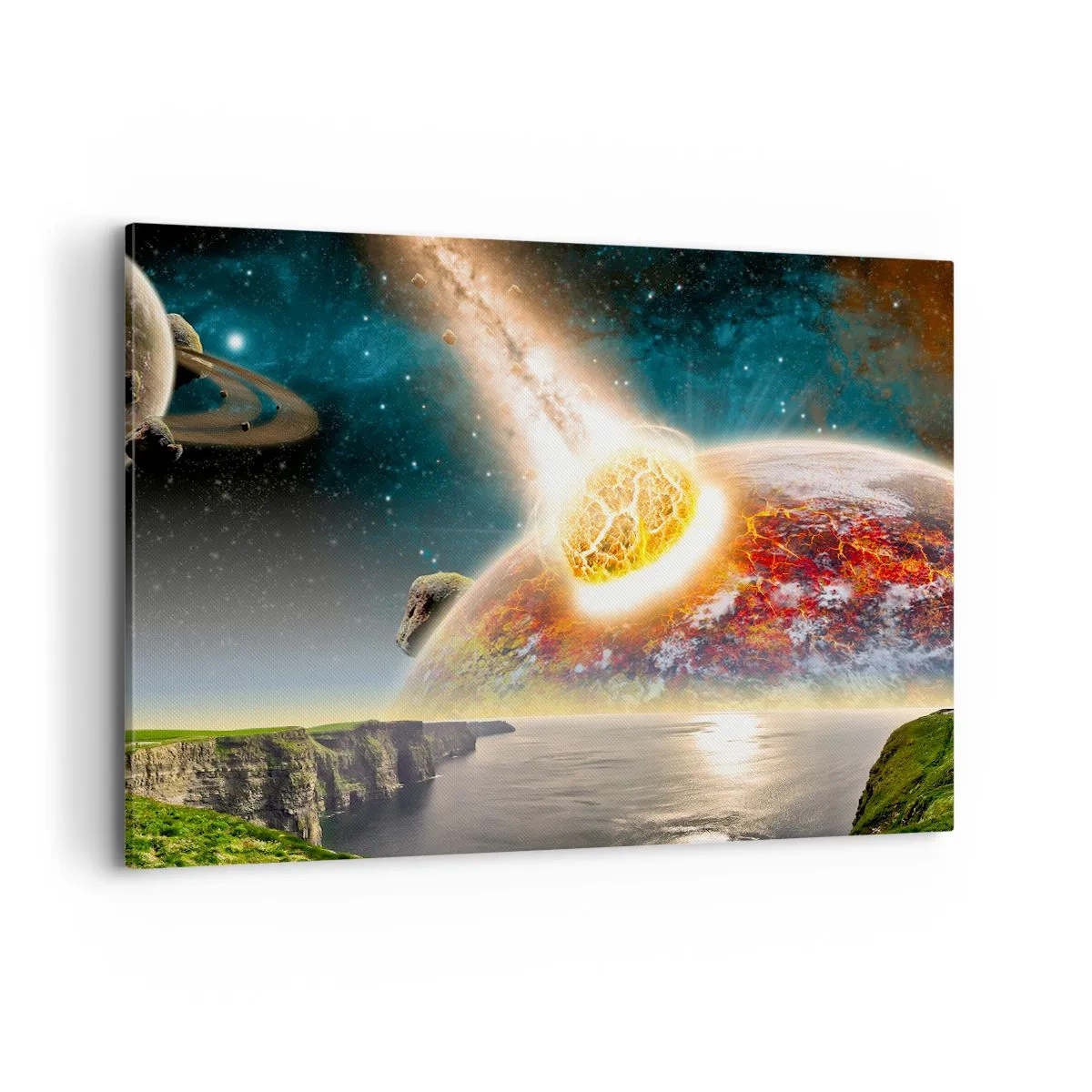 Cuadro sobre lienzo - Impresión de Imagen - Un meteorito choca con un planeta en un paisaje cósmico. - 100x70cm - Drama cósmico - Decoración de pared moderna para salón y dormitorio ARTTOR