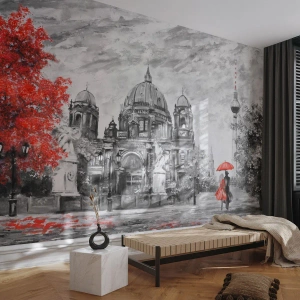 Fotomural Premium Canvas - Escena en blanco y negro con Berlín, un paraguas rojo y un árbol. - 100x70cm - Reunión en Berlín - Decoración de pared moderna para salón y dormitorio ARTTOR