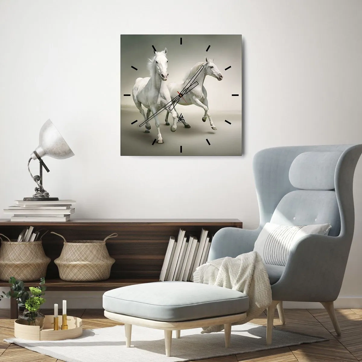 Reloj de pared - Reloj de vidrio - Dos caballos blancos galopando sobre un fondo claro - 30x30cm - ¡Poder blanco! - Decoración de pared moderna para salón y dormitorio ARTTOR