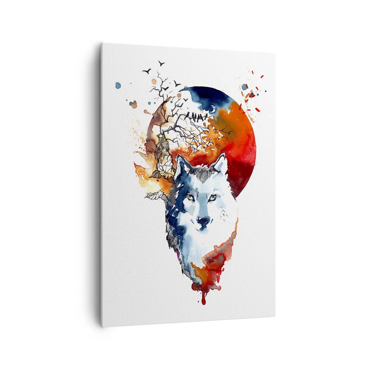 Cuadro sobre lienzo - Impresión de Imagen - Pintura abstracta de acuarela de un lobo contra una luna roja. - 70x100cm - El acecho nocturno - Decoración de pared moderna para salón y dormitorio ARTTOR